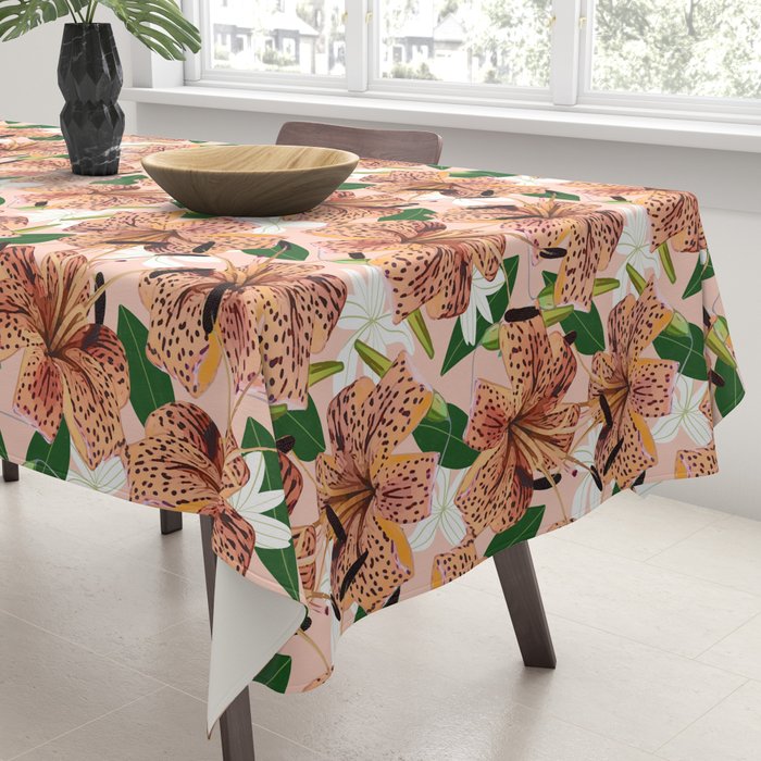 Tiger Lillies, Tropical Blush Botanical Illustration, Polka Dots Nature Vibrant Floral Jungle Tablecloth Gallery Image 3