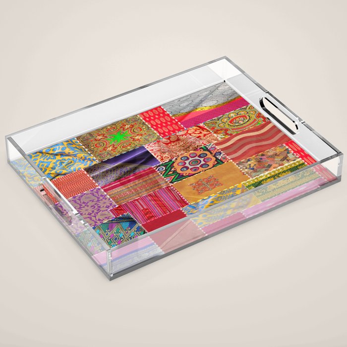 Boho Sari Patchwork Quilt Acrylic Tray Gallery Image 1