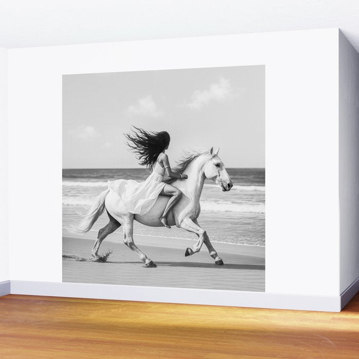 Boho Horse Riding Black White Beach Photography Wall Mural Gallery Image 2