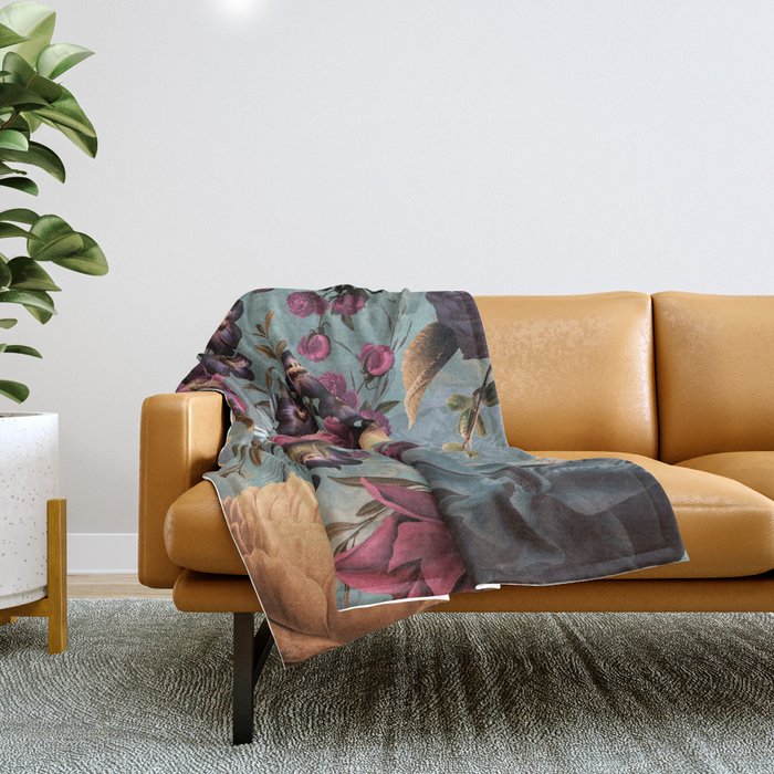Vintage & Shabby Chic - Grey Botanical Lush Flowers Evening Garden Throw Blanket Gallery Image 1