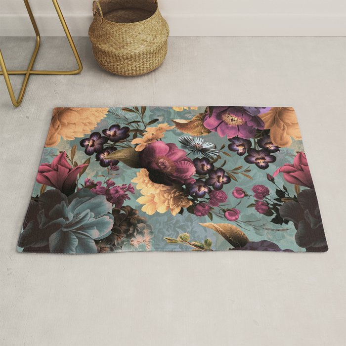 Vintage & Shabby Chic - Grey Botanical Lush Flowers Evening Garden Rug Gallery Image 1