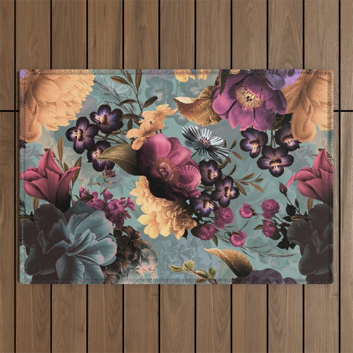 Vintage & Shabby Chic - Grey Botanical Lush Flowers Evening Garden Outdoor Rug Gallery Image 1
