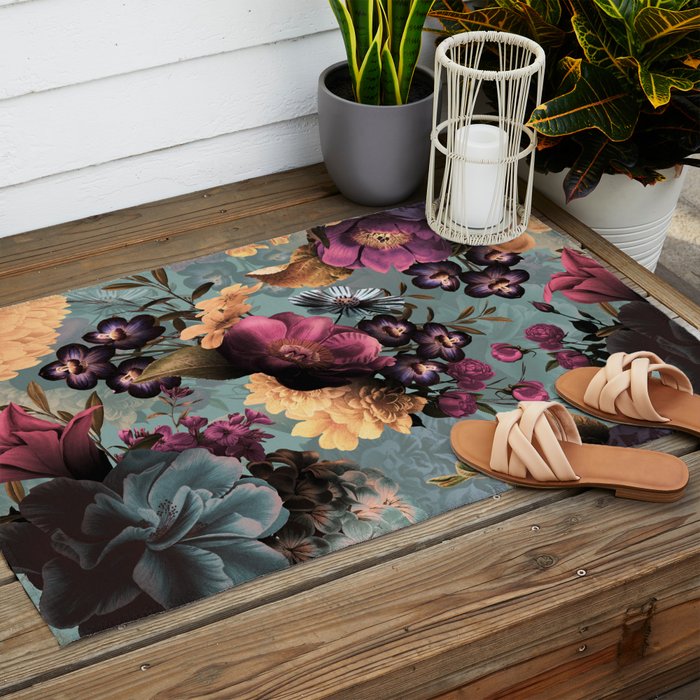 Vintage & Shabby Chic - Grey Botanical Lush Flowers Evening Garden Outdoor Rug Gallery Image 2