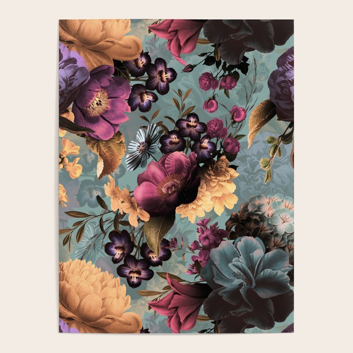 Vintage & Shabby Chic - Grey Botanical Lush Flowers Evening Garden Poster Gallery Image 1