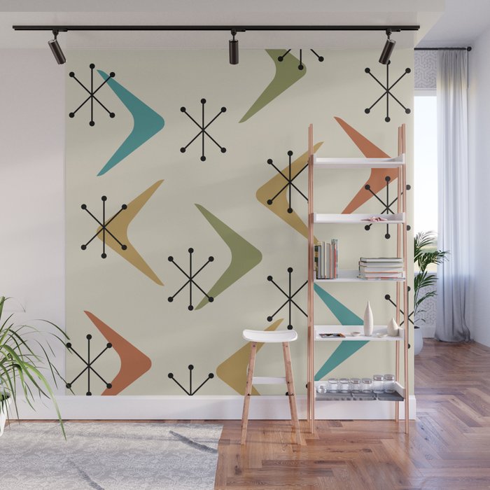 Mid Century Boomerangs And Starbursts Multicolored 1 Wall Mural Gallery Image 1