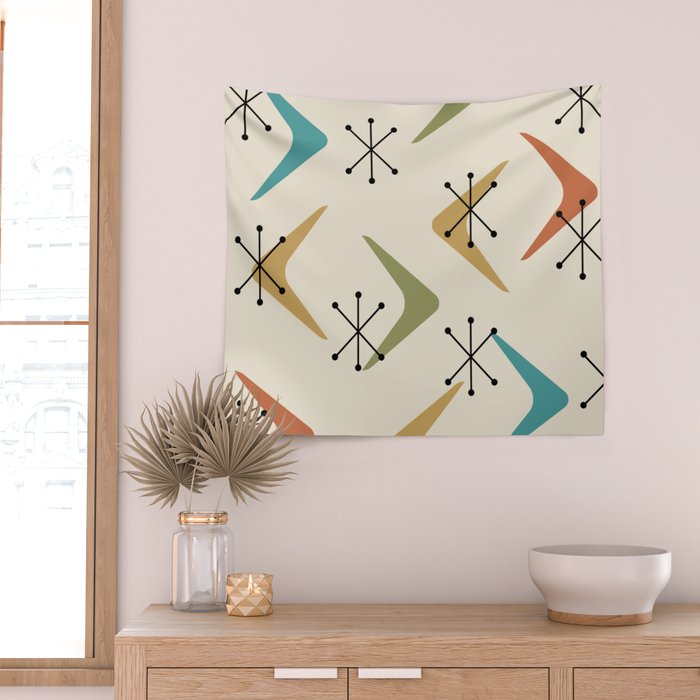 Mid Century Boomerangs And Starbursts Multicolored 1 Wall Tapestry Gallery Image 2