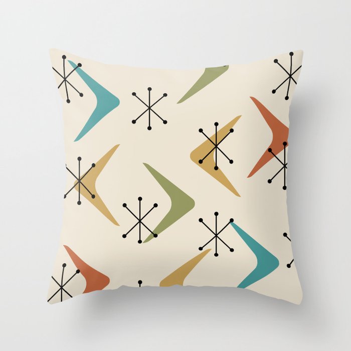 Mid Century Boomerangs And Starbursts Multicolored 1 Throw Pillow Gallery Image 1