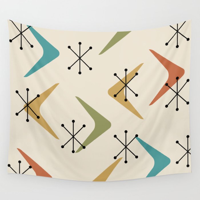 Mid Century Boomerangs And Starbursts Multicolored 1 Wall Tapestry Gallery Image 4