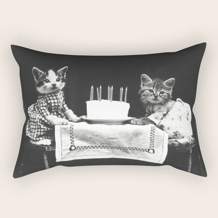 Vintage Let them eat cake kittens with cake and candles funny humorous black and white photograph Rectangular Pillow Gallery Image 1
