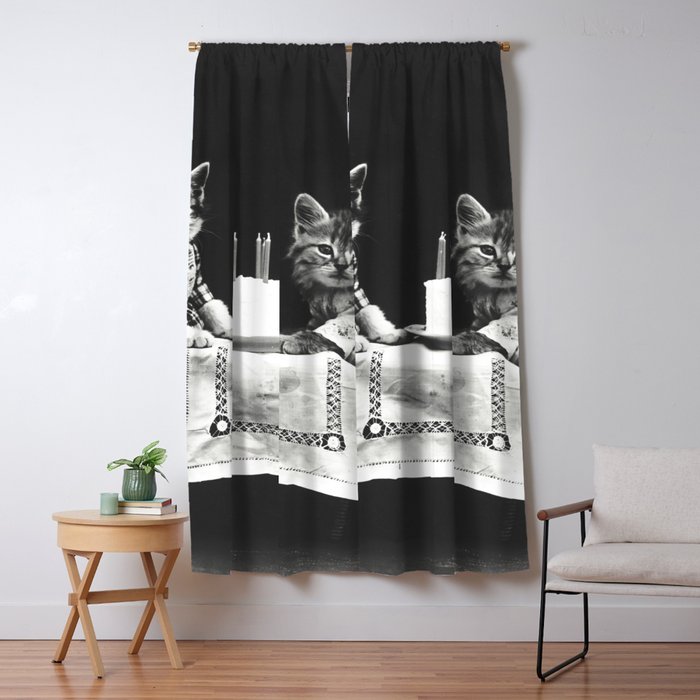 Vintage Let them eat cake kittens with cake and candles funny humorous black and white photograph Window Curtain Gallery Image 1