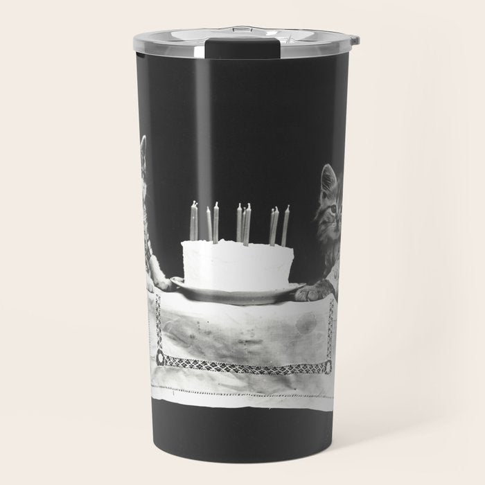 Vintage Let them eat cake kittens with cake and candles funny humorous black and white photograph Travel Mug Gallery Image 1