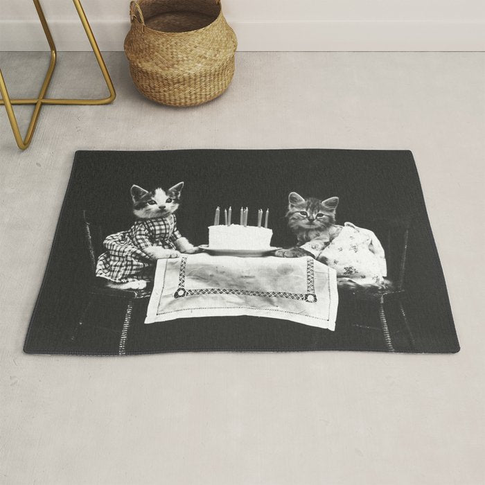 Vintage Let them eat cake kittens with cake and candles funny humorous black and white photograph Rug Gallery Image 1