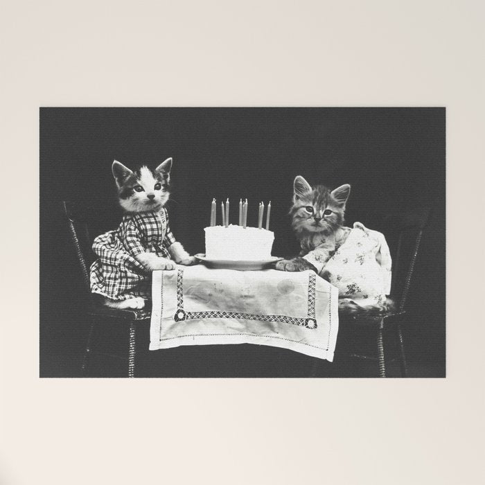 Vintage Let them eat cake kittens with cake and candles funny humorous black and white photograph Welcome Mat Gallery Image 1