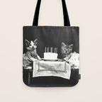Vintage Let them eat cake kittens with cake and candles funny humorous black and white photograph Tote Bag Gallery Image 1
