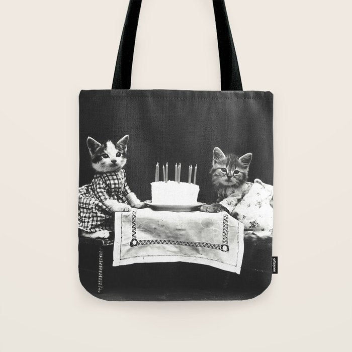 Vintage Let them eat cake kittens with cake and candles funny humorous black and white photograph Tote Bag Gallery Image 1
