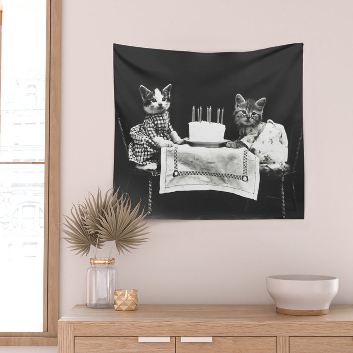 Vintage Let them eat cake kittens with cake and candles funny humorous black and white photograph Wall Tapestry Gallery Image 2