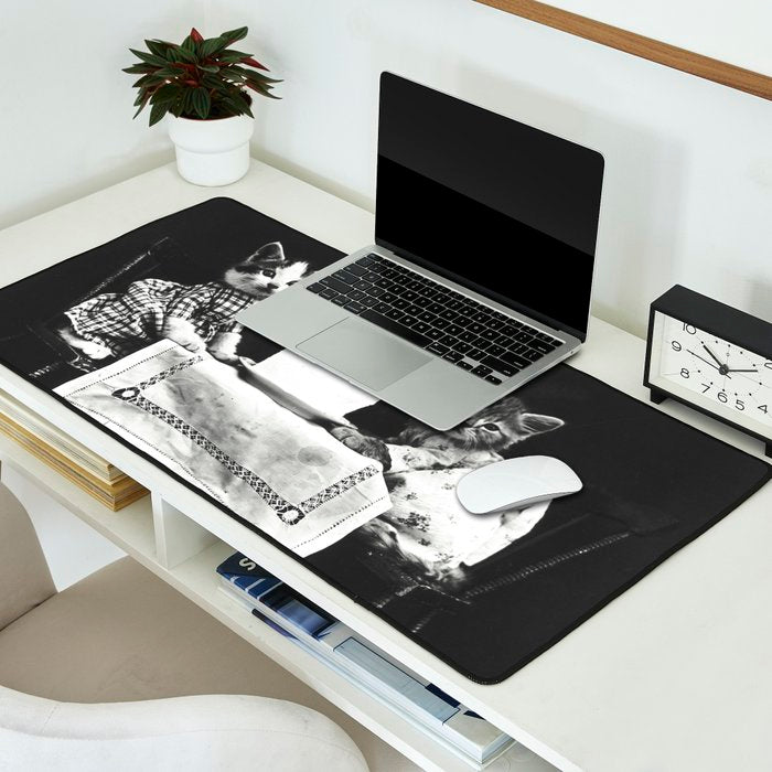 Vintage Let them eat cake kittens with cake and candles funny humorous black and white photograph Desk Mat Gallery Image 2