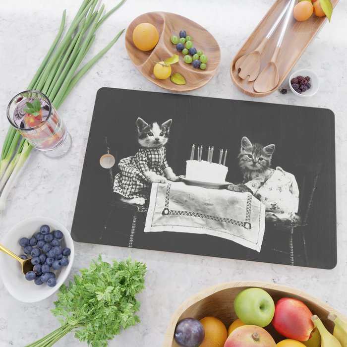Vintage Let them eat cake kittens with cake and candles funny humorous black and white photograph Cutting Board Gallery Image 2