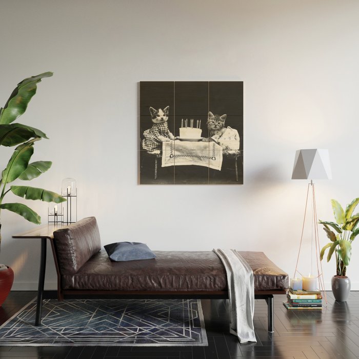 Vintage Let them eat cake kittens with cake and candles funny humorous black and white photograph Wood Wall Art Gallery Image 2
