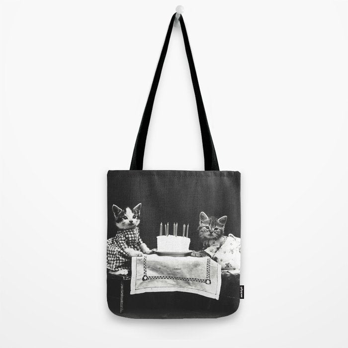 Vintage Let them eat cake kittens with cake and candles funny humorous black and white photograph Tote Bag Gallery Image 2