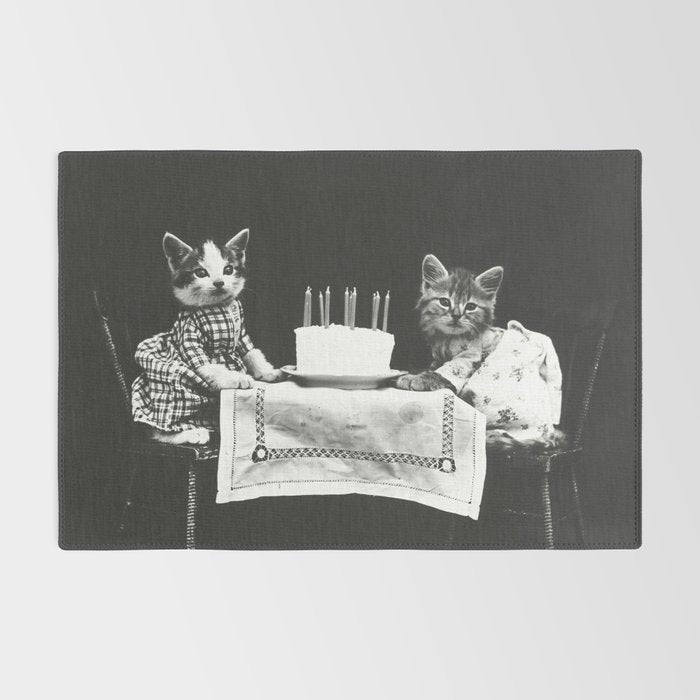 Vintage Let them eat cake kittens with cake and candles funny humorous black and white photograph Rug Gallery Image 2