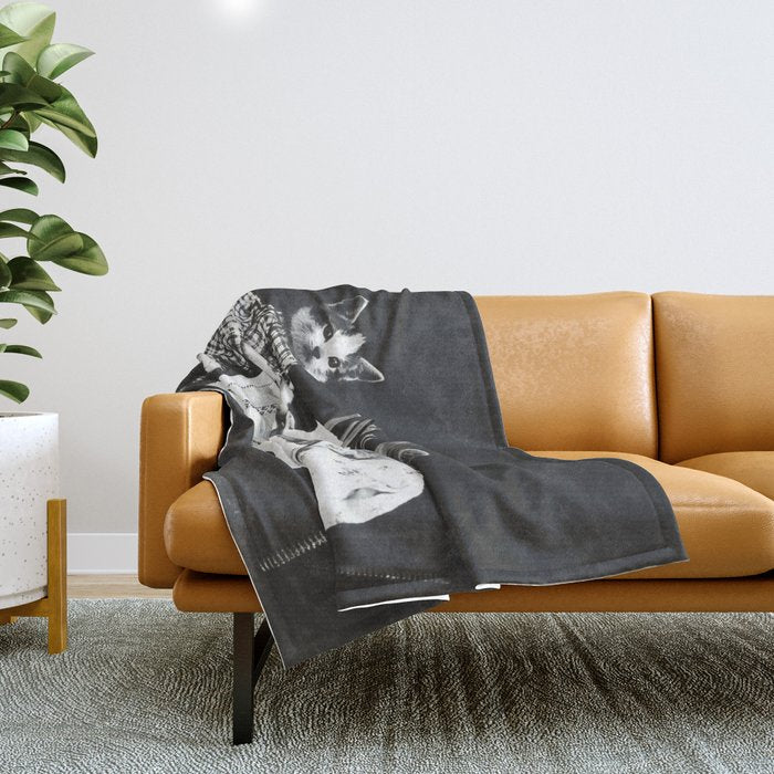 Vintage Let them eat cake kittens with cake and candles funny humorous black and white photograph Throw Blanket Gallery Image 1