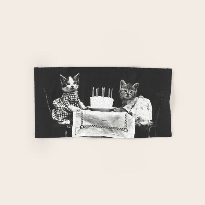 Vintage Let them eat cake kittens with cake and candles funny humorous black and white photograph Bath Towel Gallery Image 1