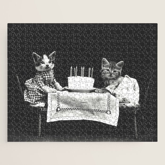 Vintage Let them eat cake kittens with cake and candles funny humorous black and white photograph Jigsaw Puzzle Gallery Image 1