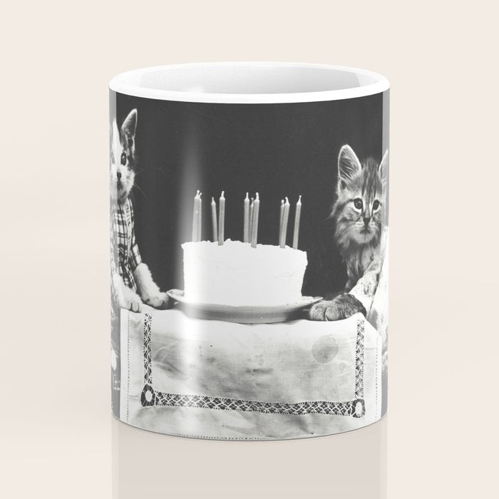 Vintage Let them eat cake kittens with cake and candles funny humorous black and white photograph Coffee Mug Gallery Image 4