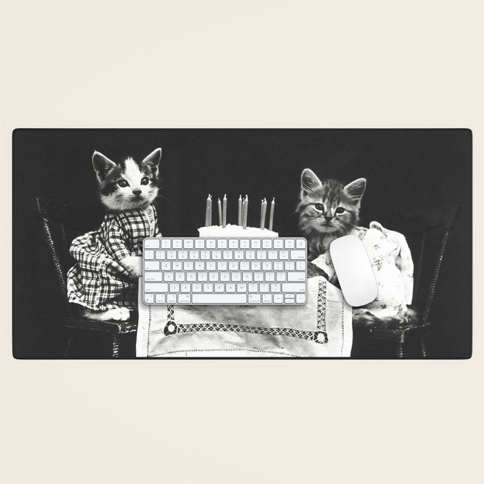 Vintage Let them eat cake kittens with cake and candles funny humorous black and white photograph Desk Mat Gallery Image 1