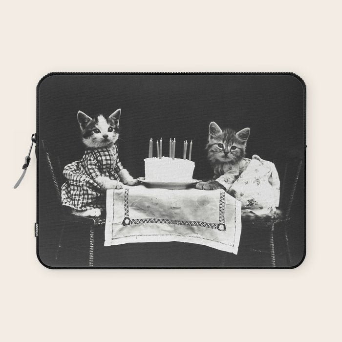 Vintage Let them eat cake kittens with cake and candles funny humorous black and white photograph Laptop Sleeve Gallery Image 1