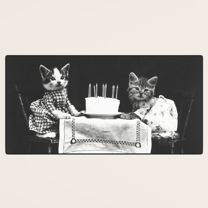 Vintage Let them eat cake kittens with cake and candles funny humorous black and white photograph Desk Mat Gallery Image 3