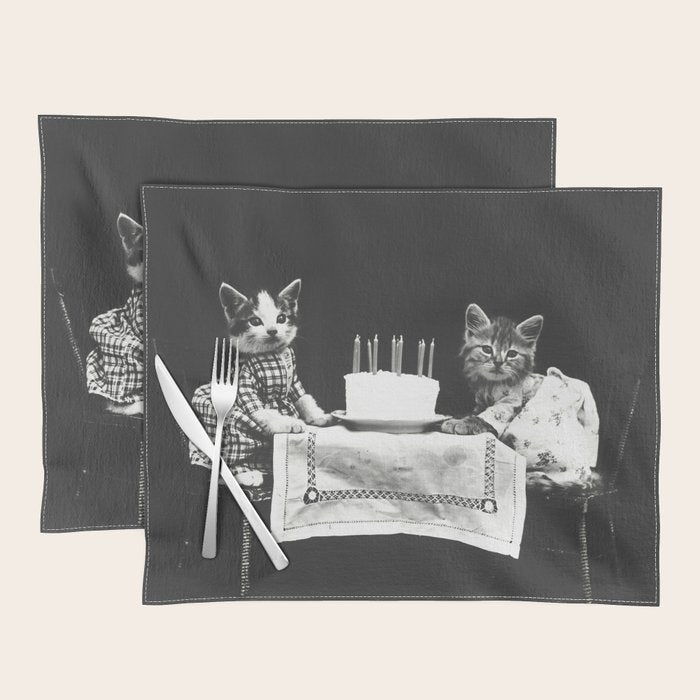 Vintage Let them eat cake kittens with cake and candles funny humorous black and white photograph Placemat Gallery Image 1