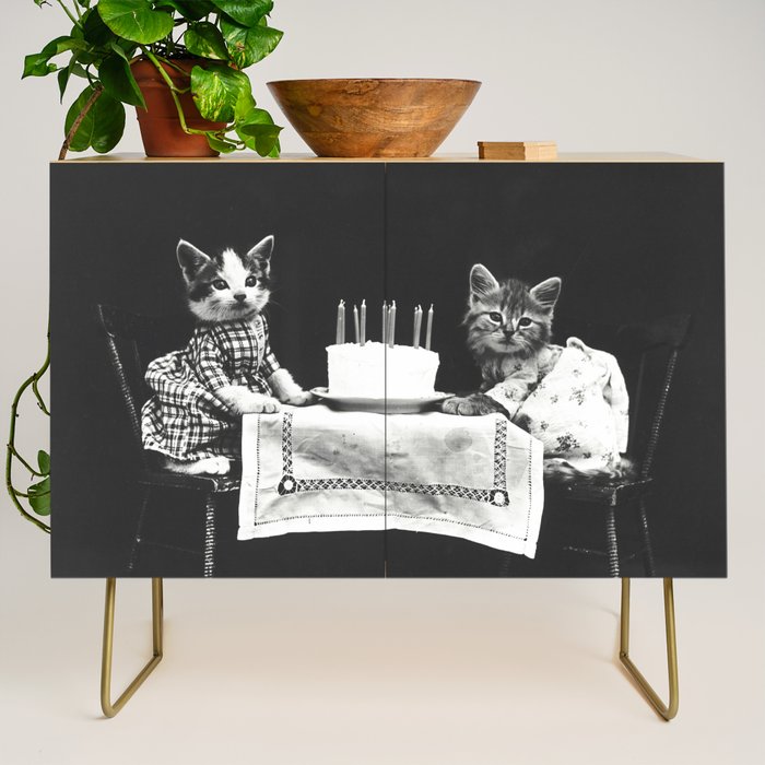 Vintage Let them eat cake kittens with cake and candles funny humorous black and white photograph Credenza Gallery Image 1