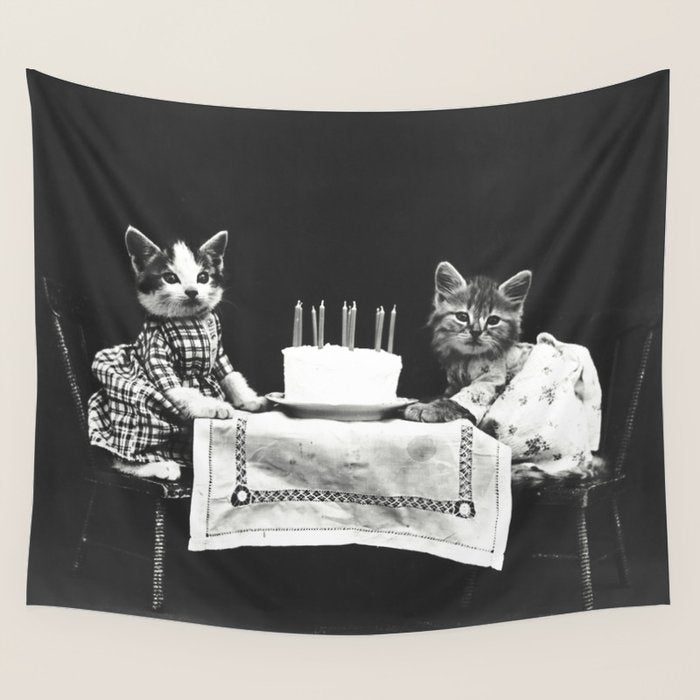 Vintage Let them eat cake kittens with cake and candles funny humorous black and white photograph Wall Tapestry Gallery Image 4