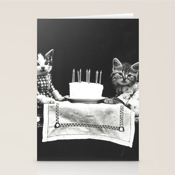 Vintage Let them eat cake kittens with cake and candles funny humorous black and white photograph Stationery Card Gallery Image 1