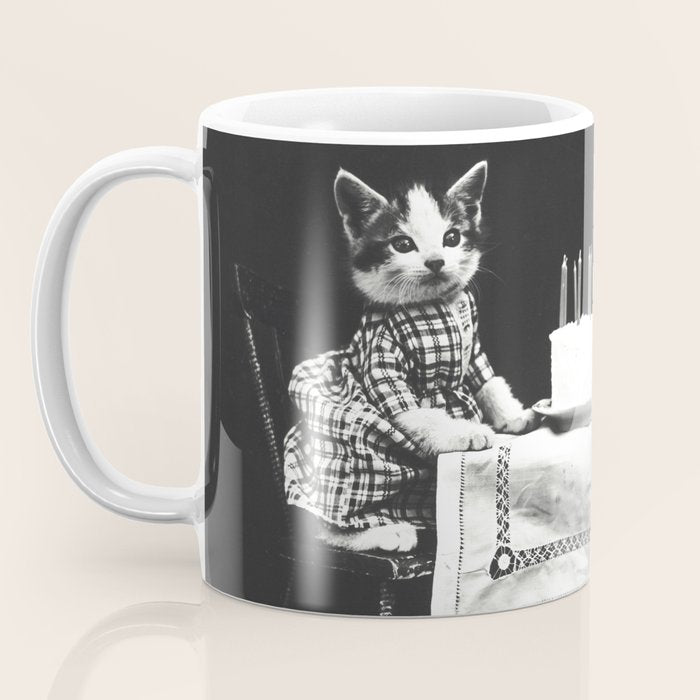 Vintage Let them eat cake kittens with cake and candles funny humorous black and white photograph Coffee Mug Gallery Image 3