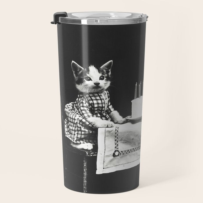 Vintage Let them eat cake kittens with cake and candles funny humorous black and white photograph Travel Mug Gallery Image 3