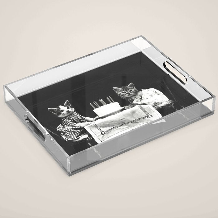 Vintage Let them eat cake kittens with cake and candles funny humorous black and white photograph Acrylic Tray Gallery Image 1