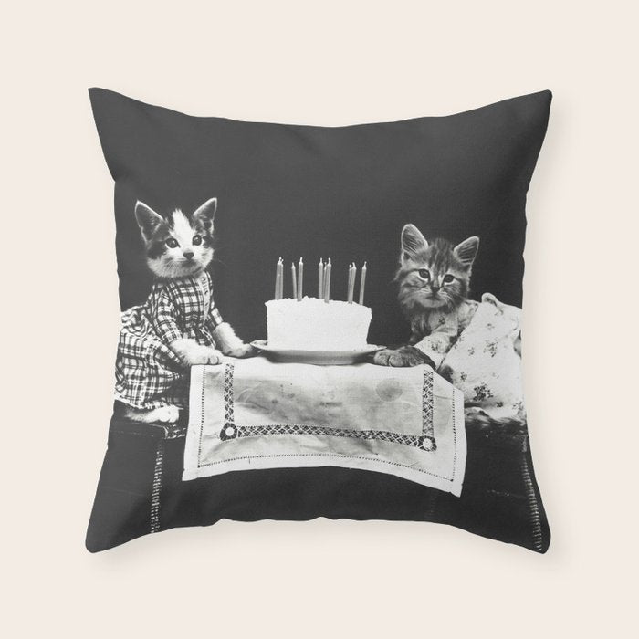 Vintage Let them eat cake kittens with cake and candles funny humorous black and white photograph Throw Pillow Gallery Image 6
