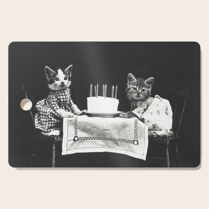 Vintage Let them eat cake kittens with cake and candles funny humorous black and white photograph Cutting Board Gallery Image 1