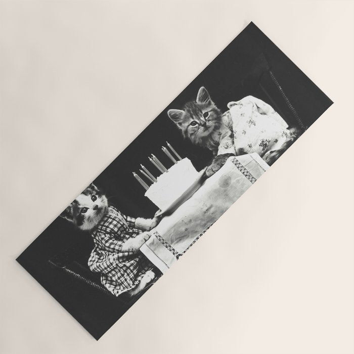 Vintage Let them eat cake kittens with cake and candles funny humorous black and white photograph Yoga Mat Gallery Image 1