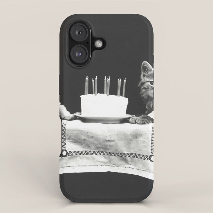 Vintage Let them eat cake kittens with cake and candles funny humorous black and white photograph iPhone Case Gallery Image 1