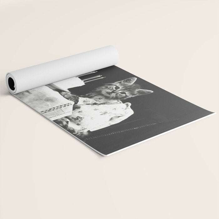 Vintage Let them eat cake kittens with cake and candles funny humorous black and white photograph Yoga Mat Gallery Image 2