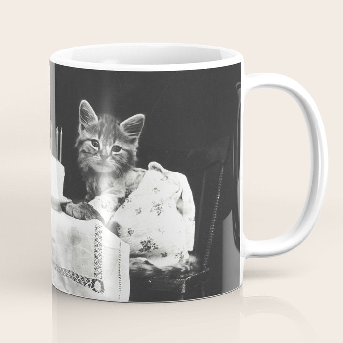 Vintage Let them eat cake kittens with cake and candles funny humorous black and white photograph Coffee Mug Gallery Image 1