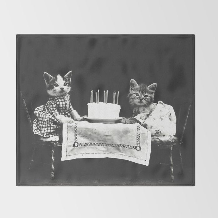 Vintage Let them eat cake kittens with cake and candles funny humorous black and white photograph Throw Blanket Gallery Image 2
