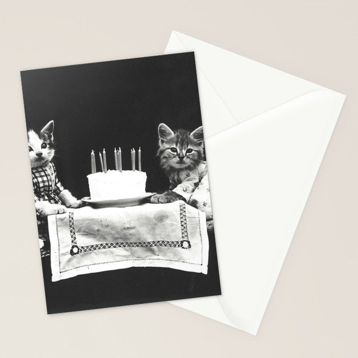 Vintage Let them eat cake kittens with cake and candles funny humorous black and white photograph Stationery Card Gallery Image 2
