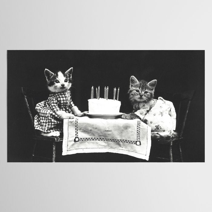 Vintage Let them eat cake kittens with cake and candles funny humorous black and white photograph Tablecloth Gallery Image 2