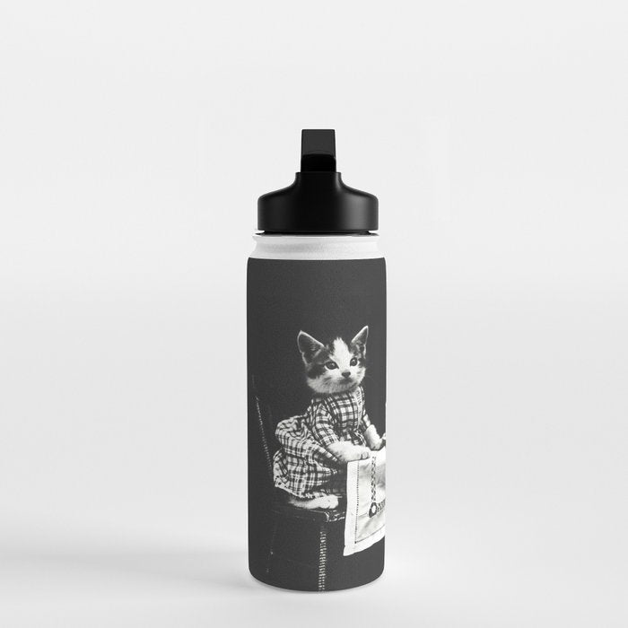 Vintage Let them eat cake kittens with cake and candles funny humorous black and white photograph Water Bottle Gallery Image 3