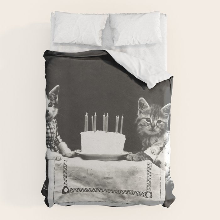 Vintage Let them eat cake kittens with cake and candles funny humorous black and white photograph Duvet Cover Gallery Image 6